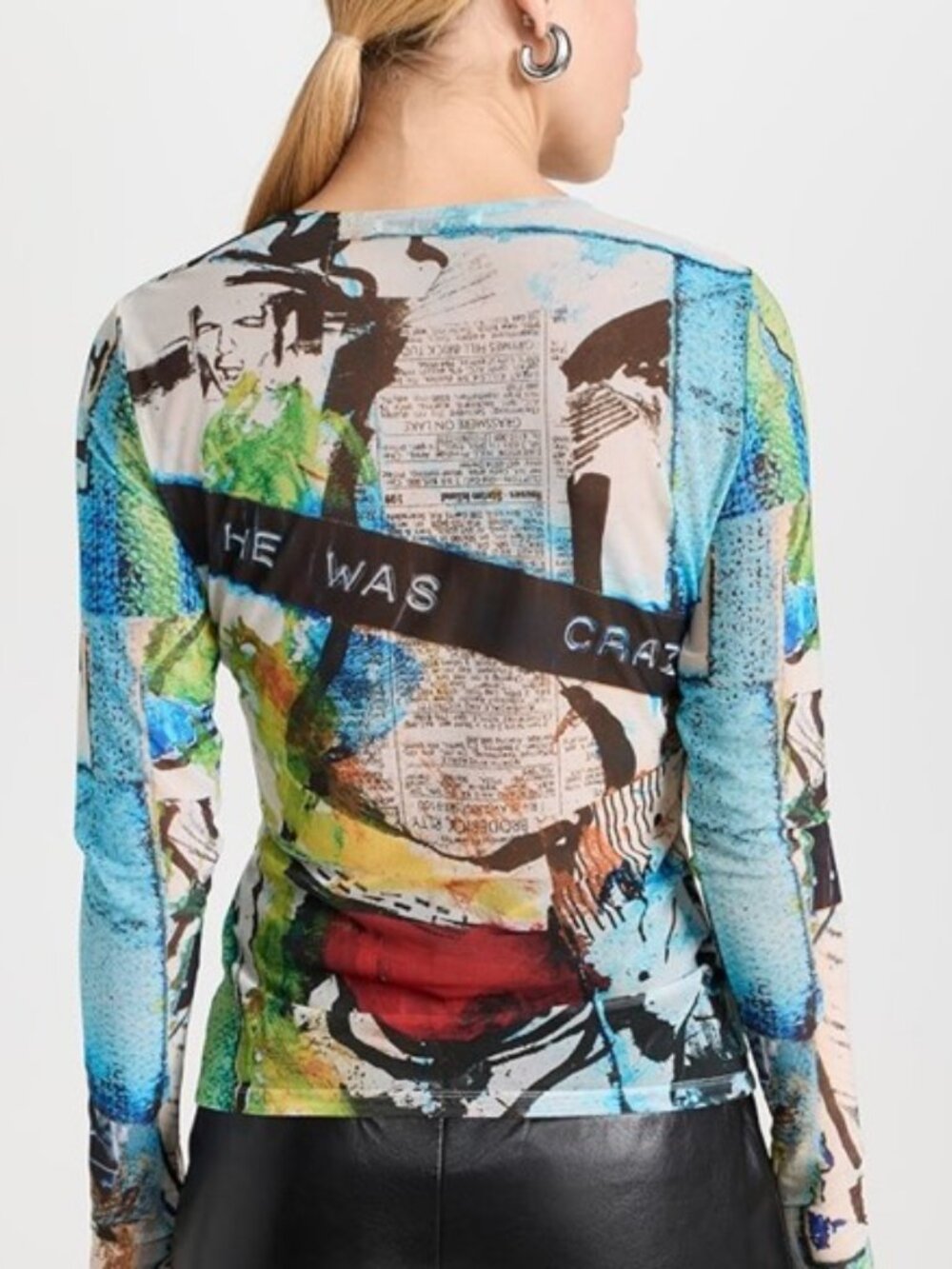 Alice + Olivia x Basquiat Delaina Mesh Top Newspaper Confidential Print Small - Picture 3 of 5